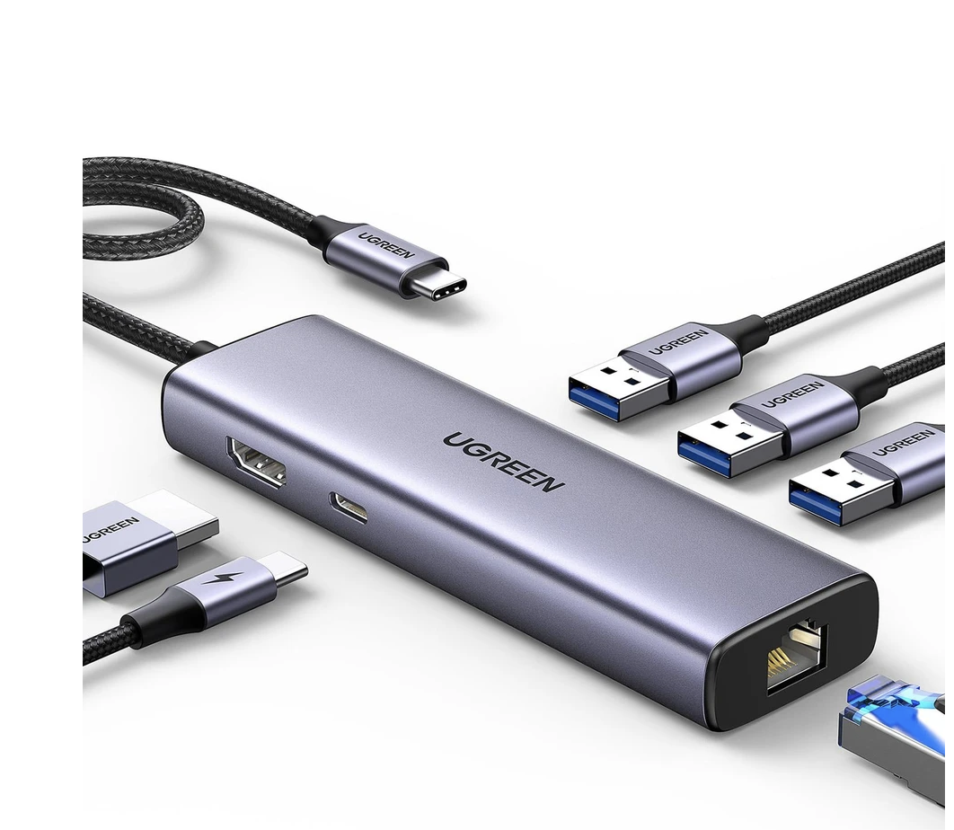 Ugreen Revedok 6-in-1 3*USB 3.0, 4K/30Hz HDMI, 100W PD Type-C, RJ45 Port Çoklayıcı Hub, 15598