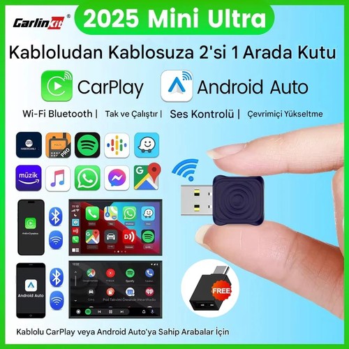 Carlinkit 2025 Mini Ultra 5.0 Kablosuz Carplay & Android Auto Adaptör