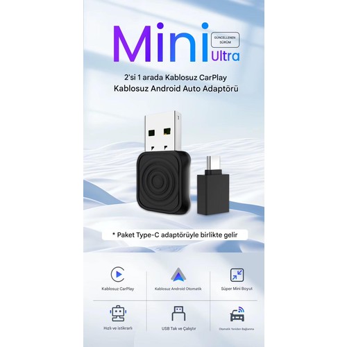 Carlinkit 2025 Mini Ultra 5.0 Kablosuz Carplay & Android Auto Adaptör