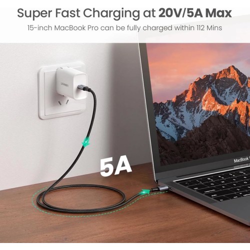 UGREEN USB-C 100W 5A QC PD Örgülü Hızlı Şarj Kablosu, 2 m, Siyah, 70429