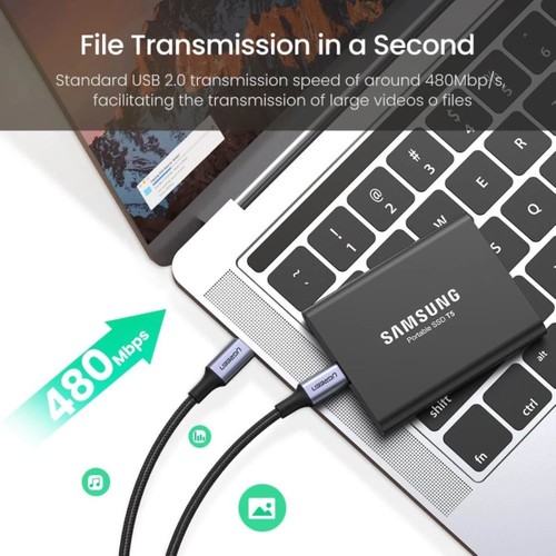 UGREEN USB-C 100W 5A QC PD Örgülü Hızlı Şarj Kablosu, 2 m, Siyah, 70429