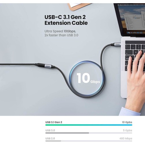 UGREEN USB-C Erkek - USB-C Dişi Gen-2 Örgülü Uzatma Kablosu 1 m, Uzay Grisi, 30205