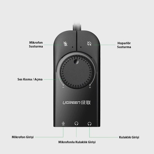 UGREEN USB Harici Stereo Ses Kartı 15cm, Siyah, 40964